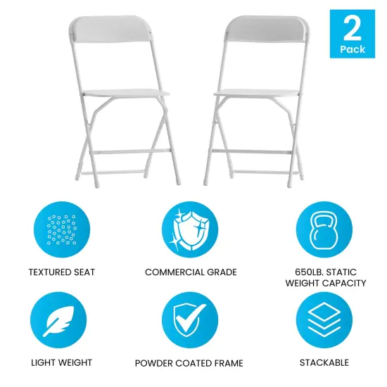 Emma and Oliver Set of 2 Stackable Folding Plastic Chairs - 650 LB Weight Capacity White {4}