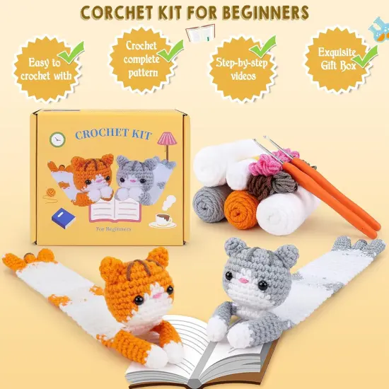 2 PCS Long Cat Bookmark Crochet Kit (Orange & Gray) {4}