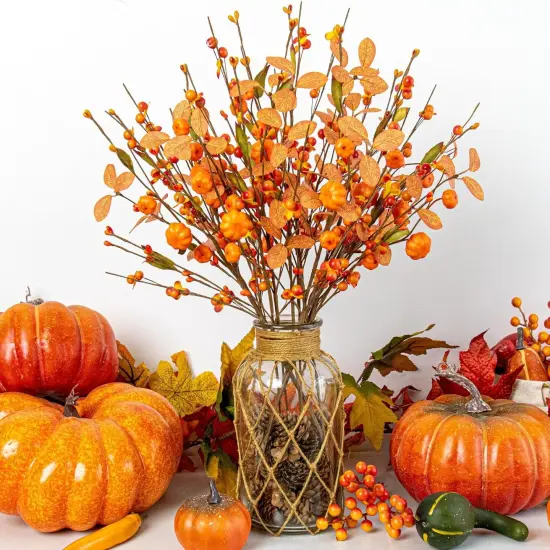 Fall Pumkin Picks Orange Berry Stems with Eucalyptus Leaves {2}