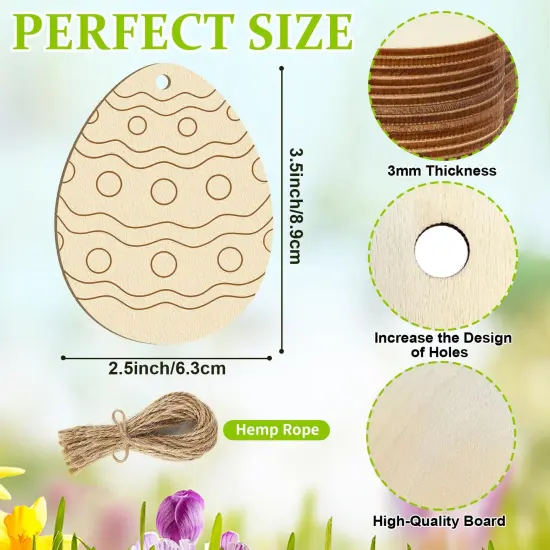 24PCS Wooden Egg Ornaments to Paint Easter Decoration Cutouts Unfinished 8 Different Patterns, DIY Blank Unfinished Wood Discs Ornament for Home Crafts Hanging Spring Decoration 3.5 inches {2}