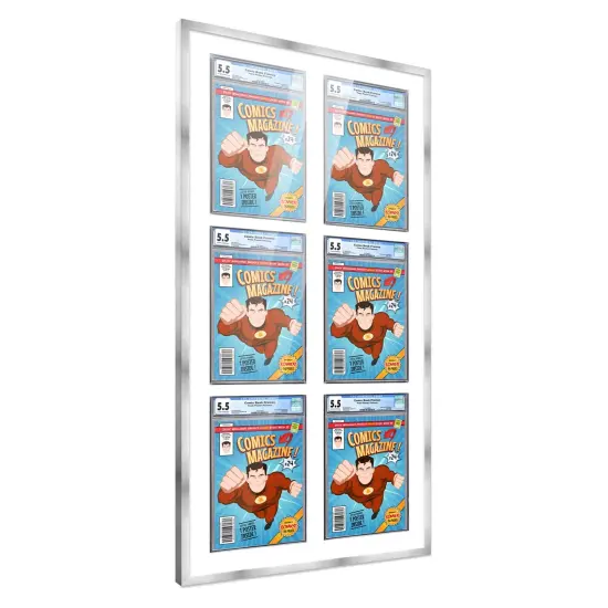 Comic Book Frame with Mat for 6 Graded Comics - Silver Wood Comic Frame With White Mat for 8.125x13 Comics - 20.75x44.5 Frame Size {7}