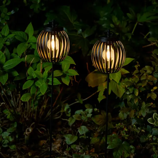 Set of 2 32.25"H Black Metal Stripes Solar Powered Outdoor Lantern with Edison Bulb and Stake {1}