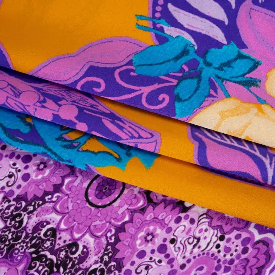 1 Yard Golden Yellow Purple Teal Silk Charmeuse Print Floral Abstract Stripes Made in Italy Width 53" {4}