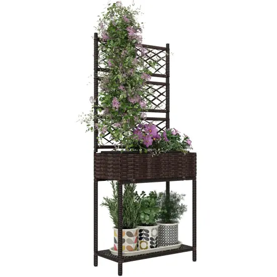Outdoor Wicker Planter Box with Trellis & Shelf Brown {1}