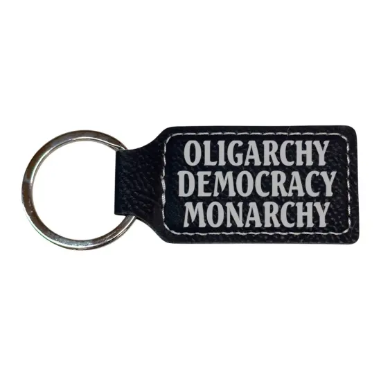 Keychain - Rectangle - Oligarchy Democracy Monarchy - Leather Black/Silver {3}