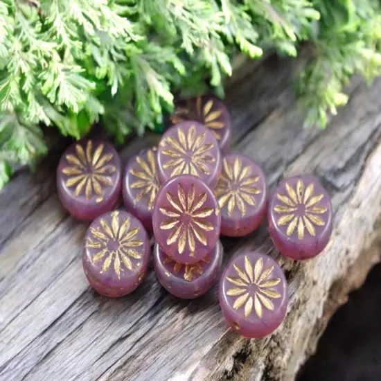 *15* 12mm Gold Washed Pink Opaline Aster Flower Coin Beads {3}
