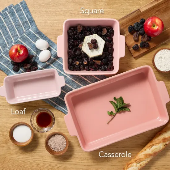 Best Choice Products Ceramic Bakeware Set of 3 Casserole, Loaf, and Square Dishes w/ Handles Pink Champagne {3}
