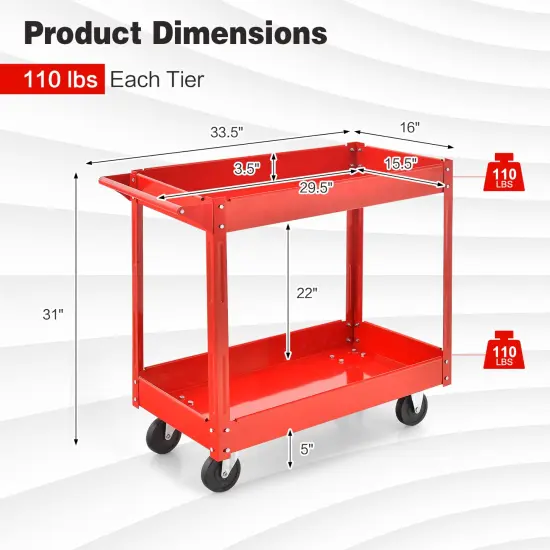Red 2-Tier Metal Service Cart with Handle and Wheels Perfect for Home and Workshop {5}