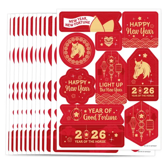 Big Dot of Happiness Lunar New Year - 2026 Year of the Horse Party Favor Sticker Set - 12 Sheets - 120 Stickers {1}