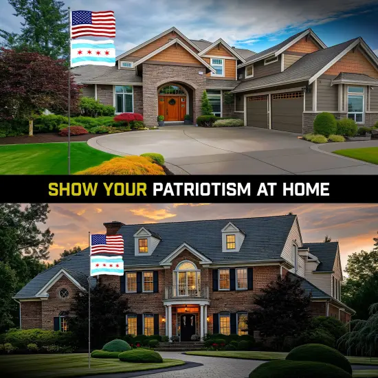 G128 Combo Pack: 20 Ft Telescoping Aluminum Flagpole (Black) & American and Chicago City Flags 3x5 Ft, Both ToughWeave Series Embroidered Polyester | Pole with Flags Included {4}