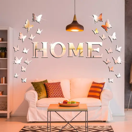 Outus 3D Family Home Sign Letters Living Room Decor Family Rustic Farmhouse Wall Decor Acrylic Mirror Decorative Butterfly Mirror Wall Sticker Decals for Living Room Bedroom Kitchen (Silver) {4}