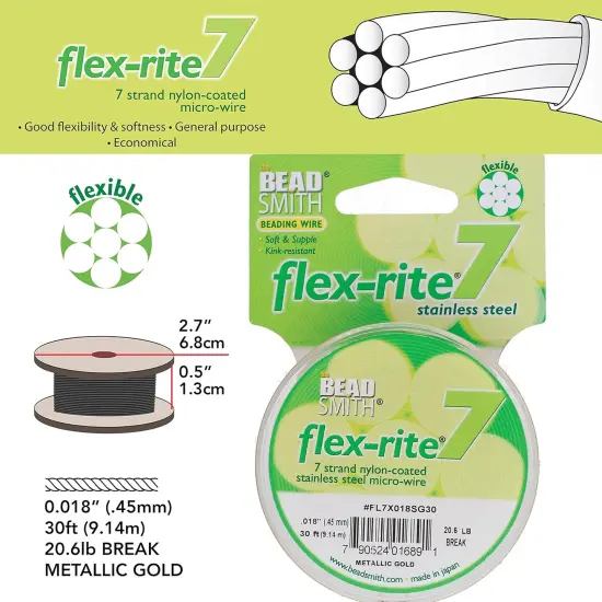 The Beadsmith Flex-Rite 7 Strand Nylon Coated, Stainless-Steel Beading Wire, Jewelry Making Supply (.018 Dia, Gold - 30 Ft) {4}