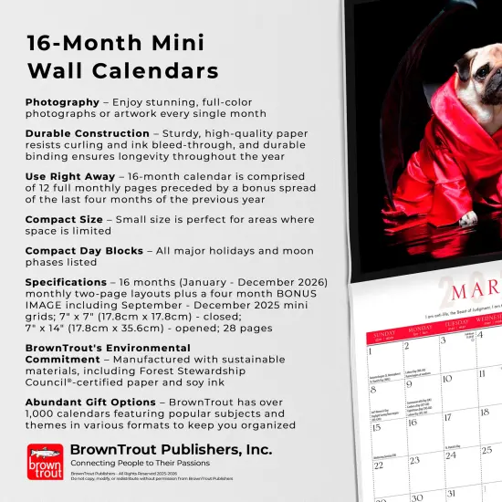 Fantasy Pugs OFFICIAL | 2026 7 x 14 Inch (Hanging) Monthly Mini Wall Calendar {6}