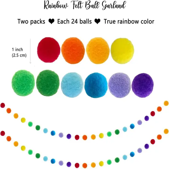 Rainbow Ribbon Felt Ball Garland Fabric Pom Pom Banner(Rainbow) {3}