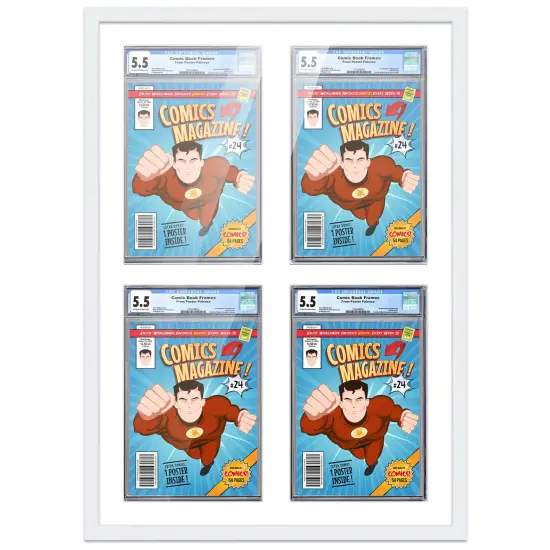 Comic Book Frame with Mat for 4 Graded Comics - White Wood Comic Frame With White Mat for 8.125x13 Comics - 20.75x30.5 Frame Size {1}