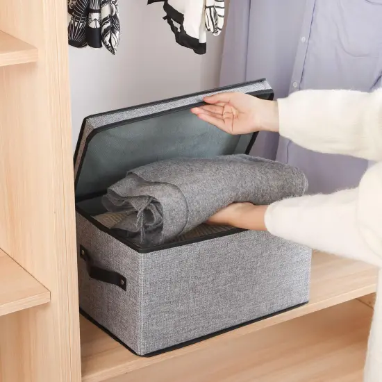 Fabric Storage boxes,Storage Baskets for Shelves with Lids, Fabric Storage Bins with Handles, Decorative Linen Closet Organizers Boxes,Small, Gray {4}