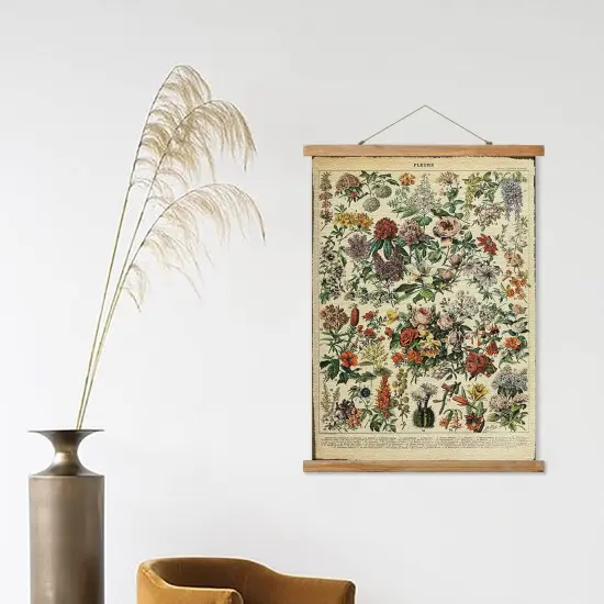 Flower Poster Hanger Frame, Retro Style Wall Art Prints, Printed on Linen with Natural Wooden Frames, Wall Hanging Decor {1}