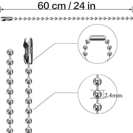 50 Pck Dog Tag Chain Ball Chain Necklace Bulk, Beaded Necklace Chains for Jewelry Making DIY Crafts, Military Blank Dog Tag Necklace for Men, Silver Nickel Plated Metal 24" Long 2.4mm Ball Bead Chain {1}