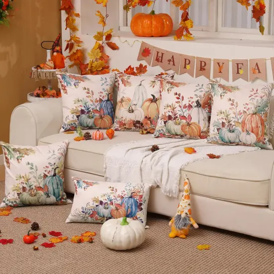 Orange White Pumpkin Fallen Leaves Decorative Outdoor Throw Pillow Covers {6}