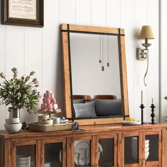 30" x 40" Wall Mounted Rectangular Mirror Wood Frame Farmhouse Decor for Bedroom {3}