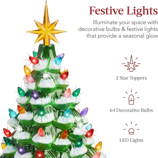 15in Ceramic Christmas Tree Pre-Lit Tabletop Holiday Tree with Star Topper and Multicolored Bulbs Frosted W {3}