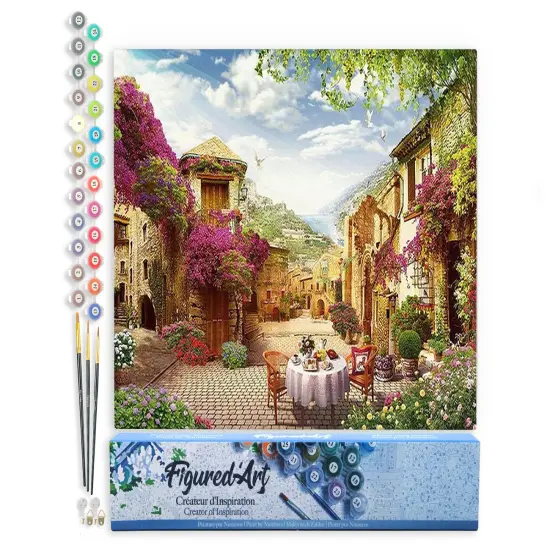 Figured'Art Paint by Numbers for Adults Breakfast in a Mediterranean village 16"x20" - Craft Art Painting DIY Kit Rolled Canvas without frame {1}