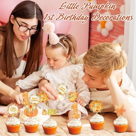 48 Pcs Pumpkin One Cupcake Toppers Pumpkin Baby shower Decorations 1st Birthday Cake {6}
