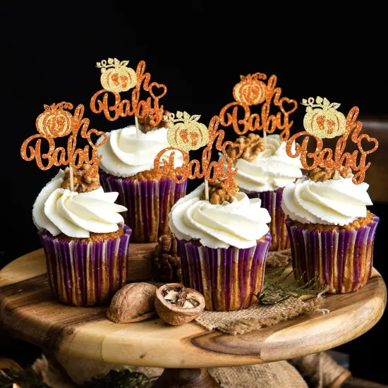 24Pcs Pumpkin Oh Baby Cupcake Toppers Glitter Pumpkin Themed {6}