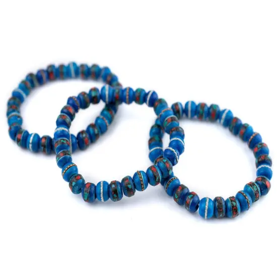 The Bead Chest Mala Stretch Bracelet, Azul Blue - Stackable Nepal Bone Inlaid with Turquoise & Coral Colors, 100% Authentic and Genuine {3}
