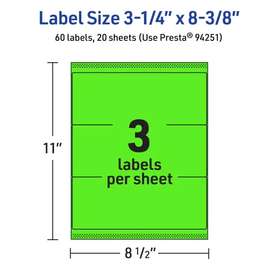 Avery Neon Green Paper Labels, 3-1/4" x 8-3/8" Rectangle {5}