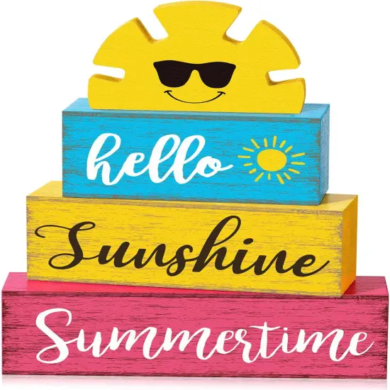 Summer Table Decor Hello Sunshine Wooden Block Sign Farmhouse Summertime Beach Tiered Tray Decor Rustic Table Centerpieces Summer Decorations for Home Desk Shelf Mantle Office Decorations {1}