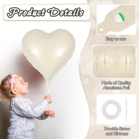 24 Pcs Cream Heart Balloons,18 inch Heart Shape Foil Balloons Love Balloons Valentine Balloons for Birthday Party Wedding Engagement Party Baby Shower Valentine Day Decorations (Cream) {5}