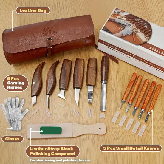 Wood Carving Tools, 15Pcs Wood Carving Kit with PU Storage Bag, Wood Whittling Kit with 6Pcs Whittling Knives & 5 Detail Carving Knives for Adults Wood Carving DIY {2}