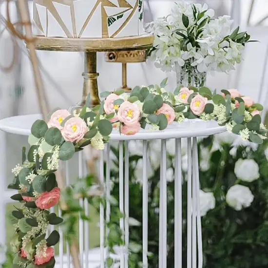 2 Pcs Pink 6.6Ft Artificial Eucalyptus Flower Garland with Fake Rose Flower Vine Seeded Eucalyptus Leaves Greenery Garland for Wedding Table Backdrop Party Centerpiece Room Decor (Pink) {3}