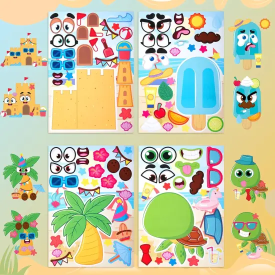 36 Pcs 9"x6" Summer Scene Make a face Stickers for Kids, Make Your Own Summer Sticker Sheets, Party Favors Kids Crafts, Goodie Bags Stuffers, Classroom Rewards {5}
