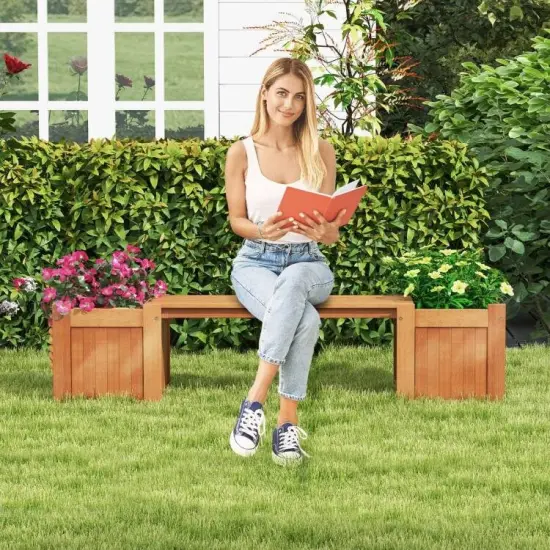Outdoor Wooden Planter Box with Bench for Comfortable Gardening {3}