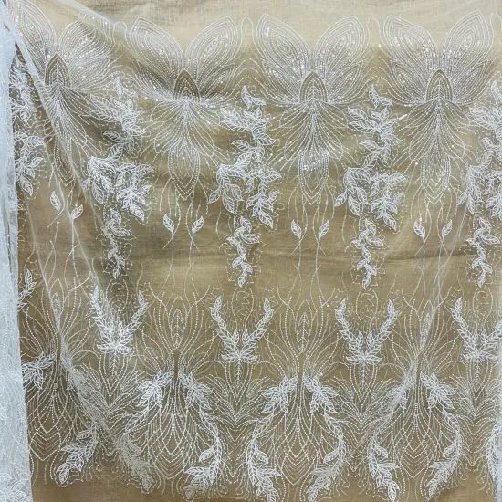 1 Yard Silver Beaded & Sequined Embroidered Lace Fabric on 100% Polyester Mesh, 52" Wide White {3}