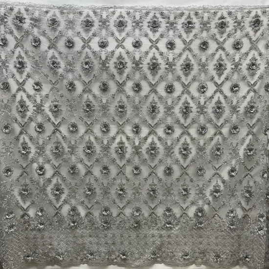 1 Yard Beaded 3D Floral Lace Fabric, Navy Embroidered Mesh, 100% Polyester, 51&rdquo; Wide Dusty Blue {3}