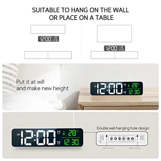 Large Display Alarm Clock for Living Room Office Bedroom Decor LED Electronic Date Temp Display Wall Electric Clocks Automatic Brightness Dimmer Smart Cool Modern Desk Accessories Black {3}