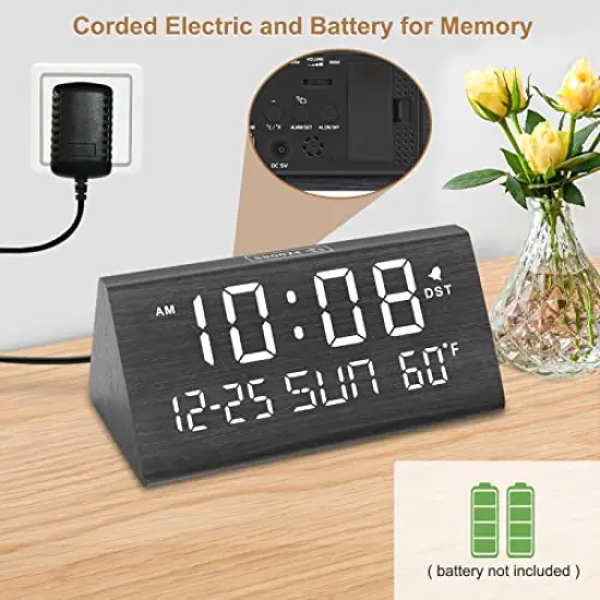 Digital Alarm Clocks for Bedrooms - Wooden Electric Clock with USB Ports, Date, Weekday, Temperature, 0-100% Brightness Dimmer, Adjustable Alarm Volume, Snooze, Auto DST {4}