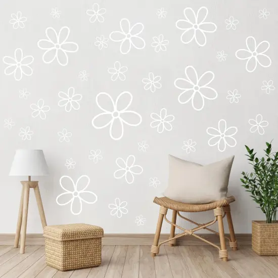 A1diee 8Pcs White Daisy Wall Sticker in Total 44 Pieces Vinyl Cute Flower Art Aesthetic Transparent Vinyl Peel and Stick Wall Decor for Christmas Window College Dorm Bedroom Living Room Decoration {1}