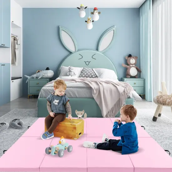 4-Panel PU Leather Folding Exercise Mat with Carrying Handles and Hook and Loop Fasteners Pink {2}