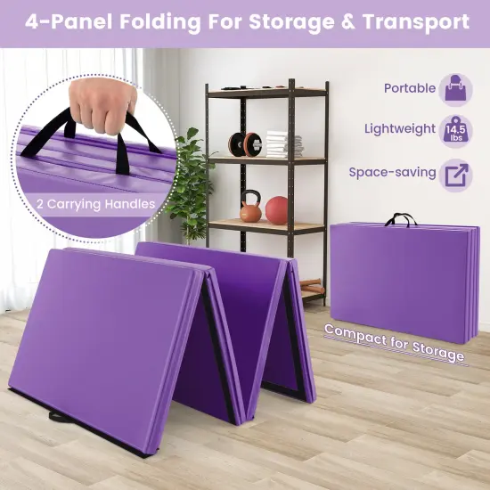 4-Panel PU Leather Folding Exercise Mat with Carrying Handles and Hook and Loop Fasteners Purple {6}
