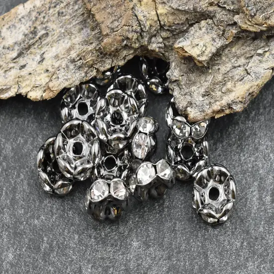Gunmetal w/ Crystal Rhinestone Wavy Edge Rondelle Spacer Beads {6}