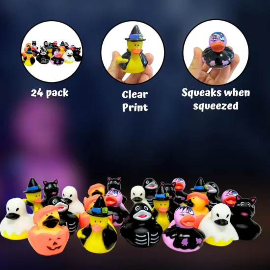 4E's Novelty Halloween Rubber Ducks Bulk 24 Pack &ndash; 6 Designs Pumpkin, Cat, Zombie, Witch, Skeleton & Ghost &ndash; 2.5" Halloween Party Favors, Goodie Bag Fillers, Jeep Ducking, Trick or Treat Toys {6}