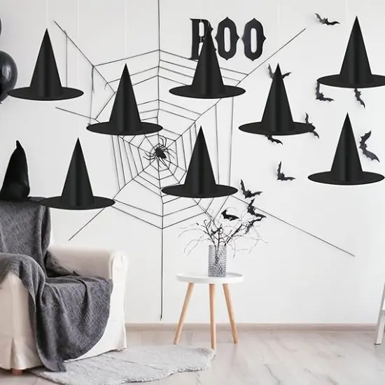 8 Pack Hanging Witch Hats & 32Pcs 3D Bats Halloween Decorations {3}