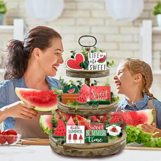 Summer Tiered Tabletop Decor, Farmhouse Watermelon Tray Decorations, Hello Summer Sweet Watermelon Gnome Wooden Signs, Rustic Summer Home Decor for Table Mantel Office Holiday Party {5}