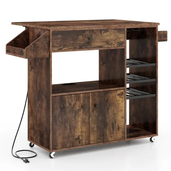 Kitchen Drop Leaf Island Cart with Power Outlets and Wine Rack Storage Shelves Locking Wheels Rustic Brown {1}
