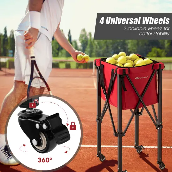 Foldable Lightweight Tennis Ball Teaching Cart with Removable Bag and Lockable Wheels Red {6}