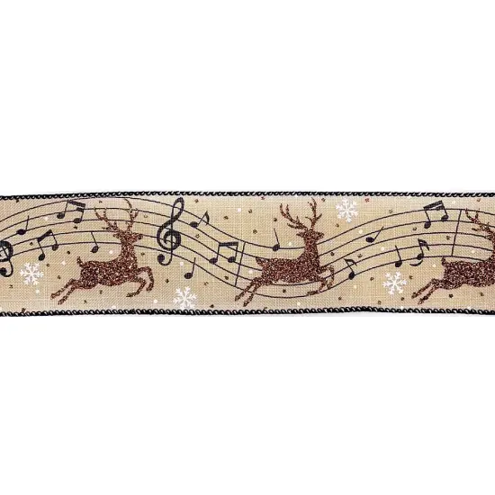 Designer&rsquo;s Shop Christmas Musical Glitter Reindeer wired edge ribbon WR 63-5173 2.5&rdquo; x 10 yards {3}